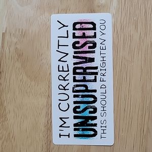 Funny 3 inch Decal, "currently unsupervised", water/weatherproof